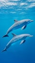 Dolphins swim gracefully together in clear blue ocean waters, showcasing their agility and intelligence beneath the surface in a Royalty Free Stock Photo