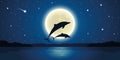 Two dolphins jump out of the water in the moonlight Royalty Free Stock Photo