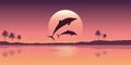 Two dolphins jump out of the water at sunrise Royalty Free Stock Photo