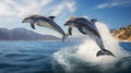 Two dolphins jumping out of the water