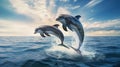 Two dolphins jumping out of the water