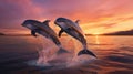 Two dolphins jumping out of the water