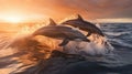 Two dolphins jumping over the water at sunset. Royalty Free Stock Photo