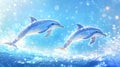Two dolphins jumping in sparkling ocean waves Royalty Free Stock Photo