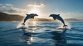 Two Dolphins Leaping From The Ocean Surface During Sunset with Mountain Background Royalty Free Stock Photo