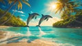 Two Dolphins Jumping Joyfully at Tropical Beach Sunrise Royalty Free Stock Photo