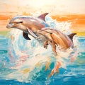 two dolphins leaping joyfully against a sunset ocean backdrop
