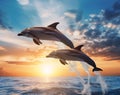 Two Dolphins Jumping Out of the Water at Sunset. Generative AI Royalty Free Stock Photo