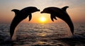 Two dolphins leaping and playing at sunset Royalty Free Stock Photo