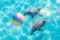 Two dolphins play with a ball in the blue water Royalty Free Stock Photo