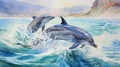 Two dolphins playing and jumping above sea surface in foam splashes of sea water Watercolor painting Royalty Free Stock Photo