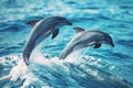 Two dolphins springing from the sea, sunlight and calm water.