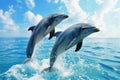 Two dolphins springing from the sea, sunlight and calm water.