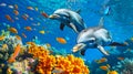 Two dolphins swimming in the ocean with corals Royalty Free Stock Photo