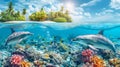 Two dolphins swimming over a coral reef with an island in the background, AI Royalty Free Stock Photo