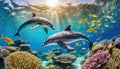 two dolphins swimming over a coral reef with tropical fish Royalty Free Stock Photo