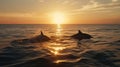 Two dolphins swimming at sunset. AI Generated Royalty Free Stock Photo