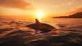 Two dolphins swimming at sunset. AI Generated Royalty Free Stock Photo