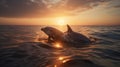 Two dolphins swimming at sunset. AI Generated Royalty Free Stock Photo