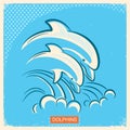 Two dolphins.Vector retro illustration of parent and baby underwater Royalty Free Stock Photo