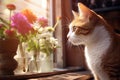 two domestic cats sniffing each other at home