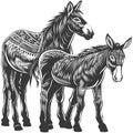 Two Donkeys in Black and White Woodcut Style Illustration Royalty Free Stock Photo
