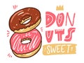 Two donuts. Brown and pink. Cartoon style. Vector illustration. Isolated on white background.