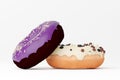 Two donuts with colorful icing on white background. Chocolate donut with violet icing and donut with white chocolate icing.