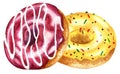 Two donuts covered with glaze. One is yellow with pastry sprinkles, the other is cherry-colored with a white stripe. Royalty Free Stock Photo