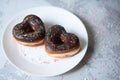 two donuts in a heartshape on a gray background on a white plate. Concept for Valentine's Day. Valentine's Day