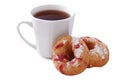 Two donuts with jam and a cup of tea Royalty Free Stock Photo