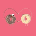 Two donuts make heart shape funny cartoon characters of food