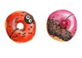 Two donuts red and pink with cherries and chocolate chips Royalty Free Stock Photo