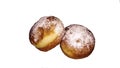 Two donuts on a white background. Desert, powdered sugar, marmalade. Royalty Free Stock Photo