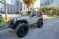 Two door Jeep Wrangler Rubicon lifted with oversized tires for trail riding 4x4