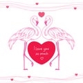 Two dotted pink flamingos couple in love with red heart Royalty Free Stock Photo