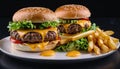 Two double cheeseburgers with fresh salad and French fries on white plate against black background. Generative ai Royalty Free Stock Photo