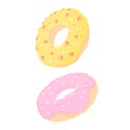 Two doughnuts with pink and yellow icing fly