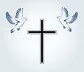 Two Doves flying with a Symbol of Religion. Cross. Dove Of Peace. Vector illustration.