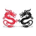 Two dragons black and red, battle, on white background,