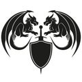 two dragons with sword and shield - Dragon symbol, black and white illustration vector Royalty Free Stock Photo