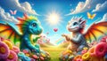 Two colorful dragons in a flower field