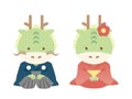 Two dragons wearing kimono and sitting seiza