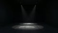 Two dramatic spotlights illuminate a dark empty stage floor creating circular pools of light in a vast black room setting the Royalty Free Stock Photo