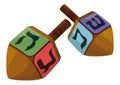 Couple of dreidels with traditional Hebrew letters for Hanukkah games, Vector illustration Royalty Free Stock Photo