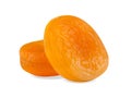 Two dried apricots isolated on white background, macro photo close-up. Royalty Free Stock Photo