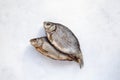 Two dried fish carp on a white concrete background