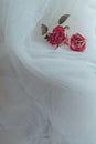 Two dried pink roses on creamy white veil