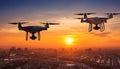Two drone quad helicopters flying with high resolution digital camera illuminated Royalty Free Stock Photo