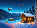 Two drones fly over two log cabins